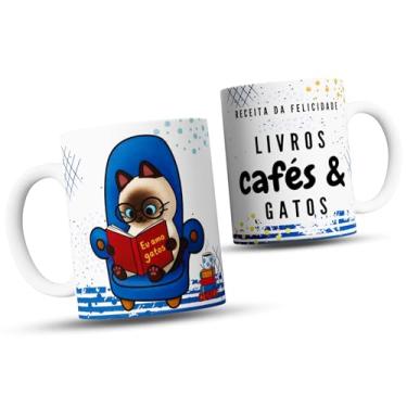 Imagem de Caneca Receita da Felicidade - Livros, Cafés e Gatos, Design com Ilustração de Gato Lendo