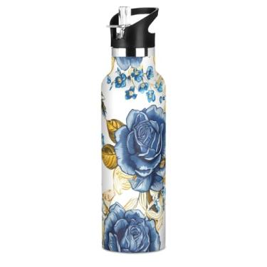 Imagem de Garrafa de água isolada de aço inoxidável de 590 ml com tampa de canudo azul escuro rosas vintage garrafas de água douradas para meninos meninas copos de viagem para crianças parede dupla vácuo livre