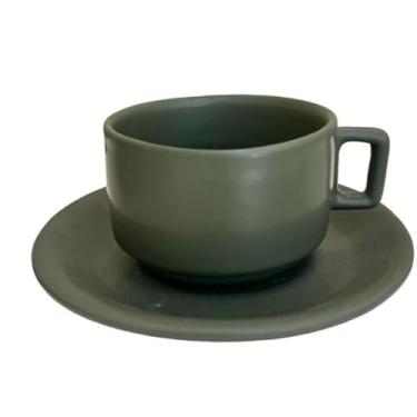 Imagem de Xícara de Chá c/Pires Cerâmica Rústica 200 ml (Verde Escuro)
