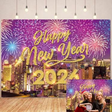 Imagem de Pano de fundo de feliz ano novo 2026 decorações de banner para fotografia cidade fogos de artifício véspera de ano novo suprimentos de festa adereços de cabine de fotos (2,8 x 1,5 m)
