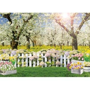 Imagem de Cenários de primavera para fotografia, 25 x 20 m, primavera, branco, cerejeira, flores, gramado, cenário natural, cenário fotográfico, decoração de festa de Páscoa, retrato, sessão de fotos, adereços