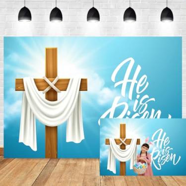 Imagem de OERJU He is Risen Pano de fundo Jesus Cruz Páscoa Ressurreição Fotografia Fundo Religioso Igreja Cristã Dia de Páscoa Decoração de Festa Banner Cabine Foto Pano de Fundo 2,1 x 1,5 m
