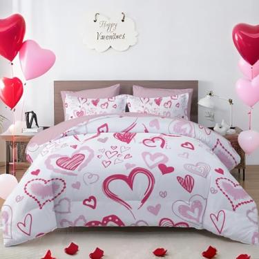 Imagem de Djoymock Conjunto de capa de edredom vermelho para o Dia dos Namorados, conjunto de cama reversível de microfibra leve de 3 peças, inclui 1 capa de edredom 228,6 cm x 228,6 cm com fecho de zíper e 2