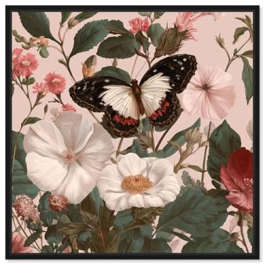Imagem de Linda decoração de parede vintage com estampa de jardim Buttefly da Art Remedy, moldura preta, 50 x 50 cm