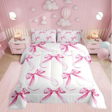 Imagem de Erosebridal Conjunto de cama queen com laço, gravata borboleta rosa moderna, conjunto de edredom para crianças, meninos, meninas, estilo princesa sonhadora, conjunto de colcha, geométrico, laços,