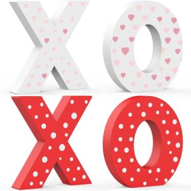 Imagem de OLANRUN Decorações de Dia dos Namorados, ornamentos de madeira XOXO para ambientes internos, decoração romântica de dia dos namorados para casa, escritório, quarto, bandeja de mesa, lareira, 4 peças