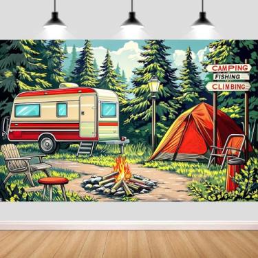 Imagem de NYMB Cenário de acampamento, acampamento retrô e cenário de floresta de tenda, fundo de fotografia de vinil para decoração de acampamento ao ar livre, adereços de cabine de fotos com tema ao ar livre