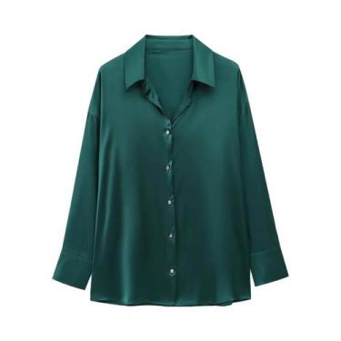 Imagem de Camisa Feminina De Cetim Com Decote Em V, Manga Longa, Botões Decorati