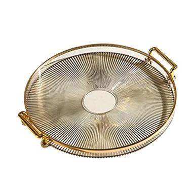 Imagem de Zerodis Bandeja Redonda Com Alças, Bandeja de Servir Transparente Multiuso para Lanche de Sobremesa de Frutas de Pão, Com Design Listrado, para Cozinha, Banheiro, Sala de Estar Ao Ar (Âmbar Ouro)