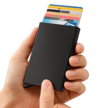 Imagem de Carteira com porta-cartões pop-up de metal, capa de cartão com bloqueio RFID de grande capacidade para homens e mulheres, protetor fino de alumínio para cartão de crédito, Preto, Minimalista