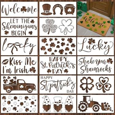 Imagem de Dunzy 16 peças de estênceis de Dia de São Patrício para tapetes de porta, artesanato, reutilizáveis, modelos de boas-vindas de trevo, grande estêncil de duende para pintura, placa de madeira, capacho