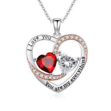 Imagem de WYDDO Colar de coração para mulheres, ouro rosa 14K, pingente de pedra do mês de nascimento duplo, ideal para aniversário, dia dos namorados, presente de Natal para sua esposa, mãe, filha, Base