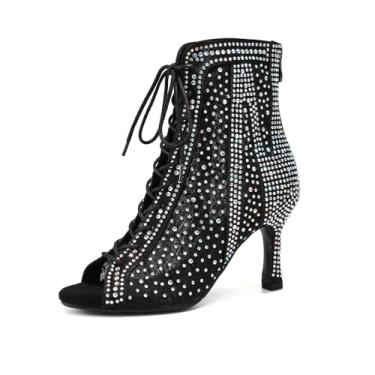 Imagem de Uonpie Botas femininas de dança latina de salão com strass bico aberto salto 8,5 cm, Sola de borracha preta, 40