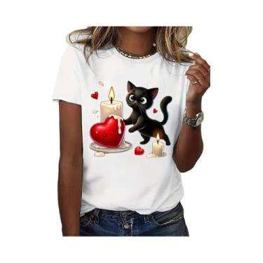Imagem de Camiseta Feminina Preta Com Estampa De Coração De Gato, Estilo Vintage