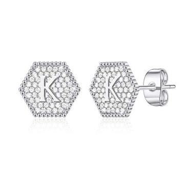 Imagem de Brincos femininos banhados a ouro 14 quilates na moda prata esterlina hexágonos de ouro rosa CZ letra A-Z hipoalergênicos personalizados joias femininas presentes de Natal e aniversário para ela