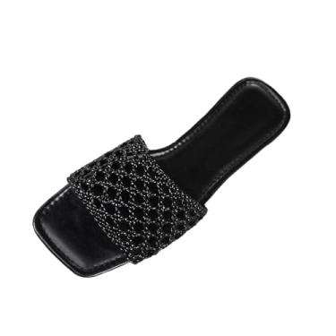 Imagem de Chinelos femininos de bico quadrado com design vazado, sandálias planas casuais para uso no verão., Preto, 34