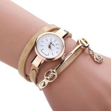 Imagem de Relogio Feminino Dourado Pulseira De Couro Bracelete Strass-Unissex