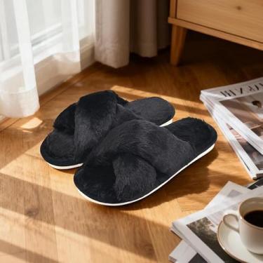 Imagem de Chinelos femininos em forma de cruz, dedos expostos, em forma de cruz, de pelúcia, quente, inverno, interior e exterior, Preto, 10-11 Women/8.5-9.5 Men