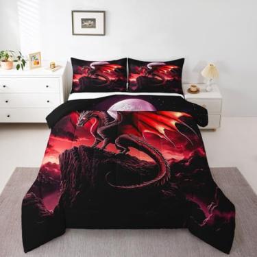 Imagem de Castle Fairy Jogo de cama solteiro com dragão gótico, vida selvagem mágica ocidental, decoração de quarto, nebulosa mística, lua, conjunto de edredom para crianças, meninos e meninas, 2 peças