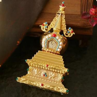 Imagem de FENNYYAR Pagode Bodhi de liga tibetana dourada Stupa, 17 cm, 17 cm, enfeite de mesa doméstico pagode budista