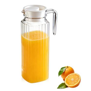 Imagem de WELKOR Jarra de suco de plástico com tampas, 1300 ml de grande capacidade, inquebrável e livre de BPA para chá, limonada, sangria, suco, bebidas (design listrado)