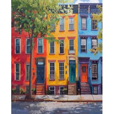 Imagem de TUMOVO Kit de pintura por números para adultos, kits de pintura por números - fileira vibrante de casas coloridas em uma cena de rua pitoresca, arte em tela, perfeita para iniciantes e decoração de