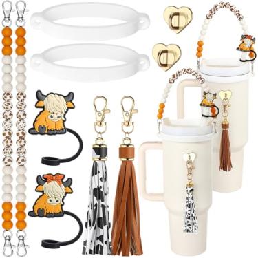 Imagem de Tondiamo Conjunto de 2 acessórios de copo de vaca Highland compatível com Stanley, inclui pulseira de silicone com contas de couro com borla, anel de borracha de vaca, capa de palha, gancho de coração