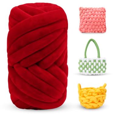 Imagem de LEREATI Fio grosso de veludo grosso para tricô de braço, crochê, tricô à mão, cama para animais de estimação, tapetes, travesseiros artesanais (vermelho, 2 kg, 8,75 jardas)