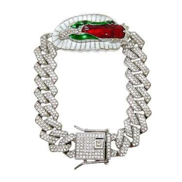 Imagem de CZMZHFC Pulseira brilhante Nossa Senhora de Guadalupe para mulheres, pulseira de corrente de elos cubanos da Virgem Maria com medalha milagrosa, pulseiras de strass com pingente católico, joia
