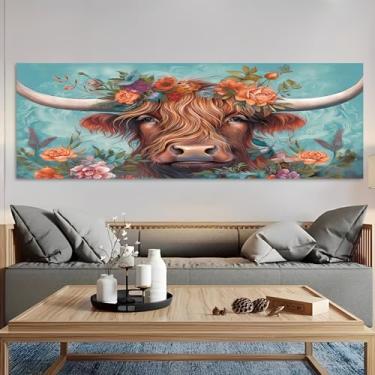 Imagem de Arte de parede em tela rústica vintage com cabeça de touro floral - Pôster sem moldura de 30 x 91 cm - Ideia de presente para decoração de casa e escritório para sala de estar, quarto, cozinha e café