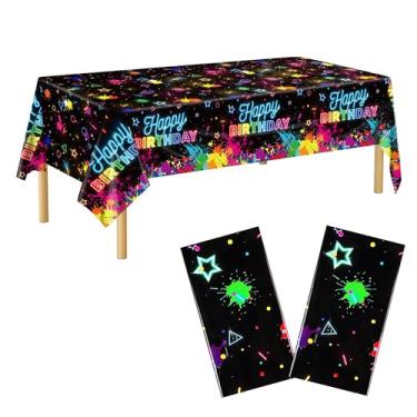 Imagem de Kochorie Pacote com 2 toalhas de mesa de aniversário que brilham no escuro, 137 x 272 cm, de plástico neon descartável, com tinta grafite, toalhas de mesa brilhantes para festa com luz negra