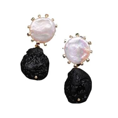 Imagem de SQGGMOAUSC Brincos de pérola branca cultivada com meteorito preto Keshi para mulheres, presentes de festa e dia