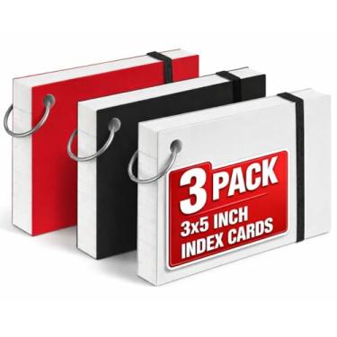 Imagem de 1InTheOffice Cartões de índice com anel 3x5, cartões didáticos com anel de fichário, cartões perfurados de furo único, 65 cartões, pacote com 3