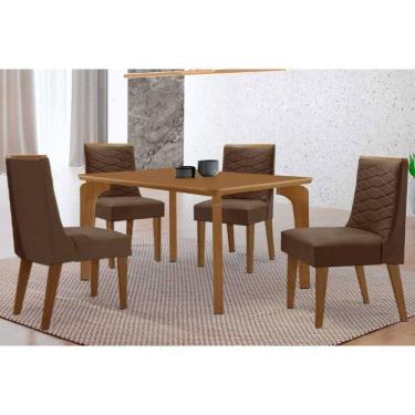Imagem de Sala Jantar Mesa Londrina Tampo Curvo 120cm+4 Cadeiras Maldivas Madeira Naturale - Capuccino/Suede Marrom - Rufato