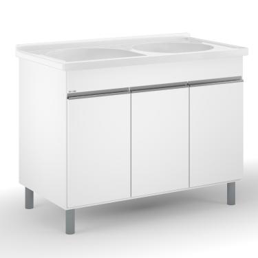Imagem de Balcão para Lavanderia 3 Portas 106cm com Tanque Duplo Amélia AJ Rorato - Branco/Gelo