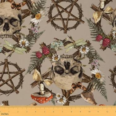 Imagem de Tecido de caveira humana da The Yard Cute Wild Cogumelo Hippie Daisy Tecido para suprimentos de costura retrô de madeira estrela circular selva plantas tecido para decoração de quarto e estofamento