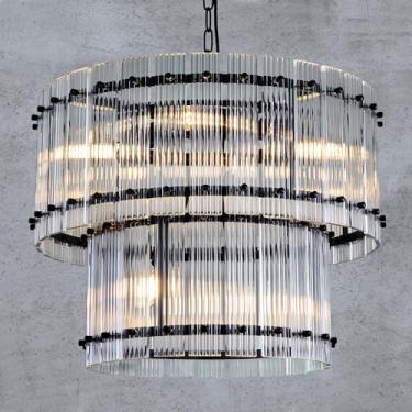 Imagem de TOCHIC Lustres redondos pretos modernos de 56 cm, lustre de vidro de cristal ondulado de água de 2 níveis com 6 luzes para sala de estar, hall de entrada, escada de teto alto, sala de jantar, lustre