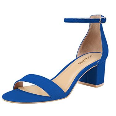 Imagem de PIZZ ANNU Sandália feminina de salto grosso de bloco baixo, confortável, bico aberto, tira no tornozelo, vestido de festa, sapatos de salto alto com fivela de tiras com design de salto grosso de 5 cm