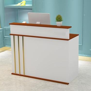 Imagem de Mesa de recepção com gaveta de bloqueio e bandeja de teclado - Mesa de balcão frontal de madeira para salão de beleza, loja de roupas, lobby - design rosa elegante, 60 cm