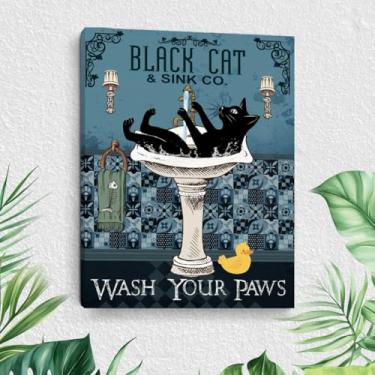 Imagem de Arte de parede de banheiro de gatos engraçados, gato fofo tomando banho na pia, decoração de parede em tela emoldurada, presente de humor para amantes de gatos, pôster de imagem para banheiro