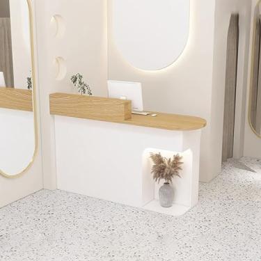 Imagem de Mesa de recepção oval com luzes LED e gavetas com trava, balcão de madeira para varejo, salões de beleza, lojas de roupas e lojas de chá de leite - acabamento em madeira de damasco, layout à esquerda.