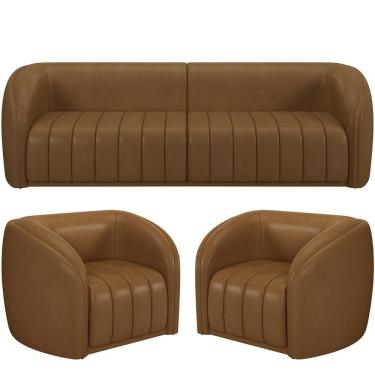 Imagem de Kit Sofá 05 Lugares Para Sala 332 Cm Com 02 Poltronas Lazio M03 Couríssimo Whisky - Lyam Decor