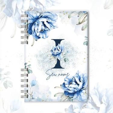 Imagem de Caderno A5 floral azul capa dura personalizado com inicial e nome, caderneta para anotações, caderno de anotações pautado ou sem pauta para estudo, organização e uso diário (I)