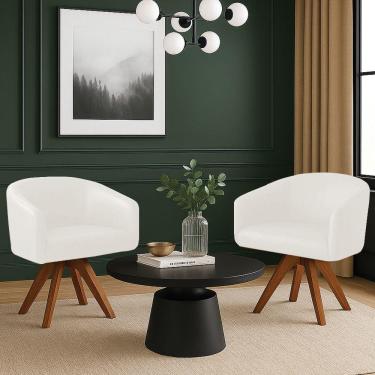 Imagem de Poltrona Sala Base Giratória Madeira Kit 2 Arielle Sintético Pu Branco D03 - D'rossi