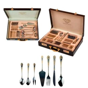 Imagem de Faqueiro Dusseldorf em Aço Inox Filetado a Ouro 84 peças - Prime Home 