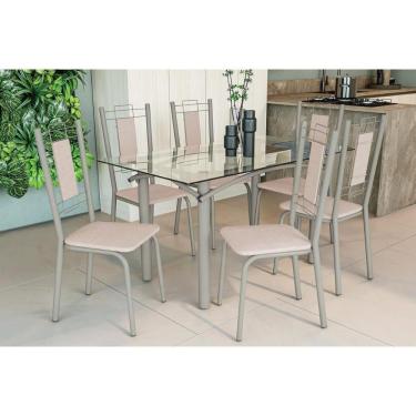 Imagem de Conjunto: Mesa Sala Jantar Elba C- Tampo De Vidro 150cm E 6 Cadeiras Florença Niquel - Courano Bege - Kappesberg