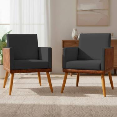 Imagem de Kit 2 Poltronas Decorativas Lis Para Sala Quarto Recepção Linho Corino Assento Confortável Pé Palito Castanho