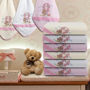 Imagem de Kit 6 Cueiro Manta Bordado Flanelado Maternidade Luxo Bebê - Raga Deco