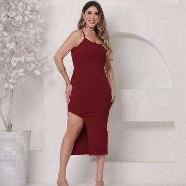 Imagem de Vestido Midi Canelado com Fenda - Único - Sem marca, Vinho, Único