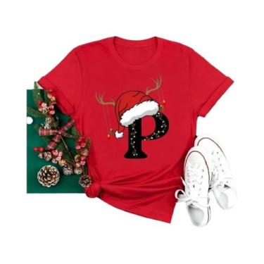 Imagem de Camiseta Feminina Vermelha De Natal Com Alfabeto, Estilo Casual, Manga